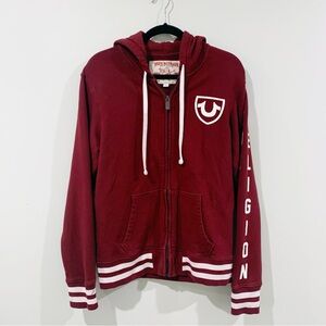 True Religion Maroon Full Zip Hoodie Sweatshirt with Logo